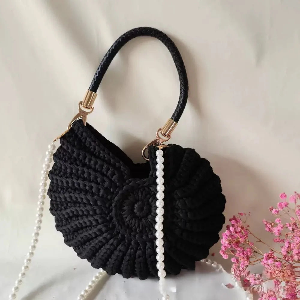 Sweet Korean Style Conch Knitted Bag Shell Woven Weave Crochet Tote Bag Handbag Solid Color Pearls Chain Crossbody Bag Seaside