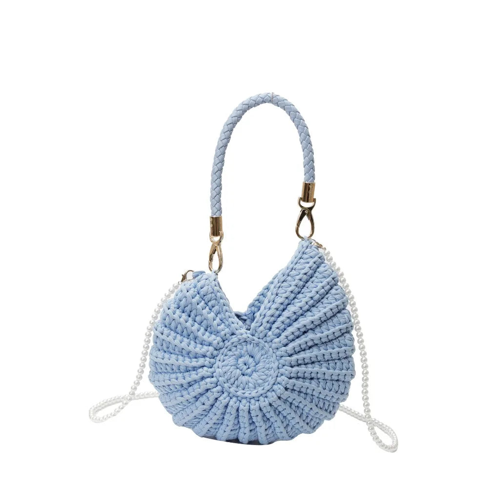 Sweet Korean Style Conch Knitted Bag Shell Woven Weave Crochet Tote Bag Handbag Solid Color Pearls Chain Crossbody Bag Seaside