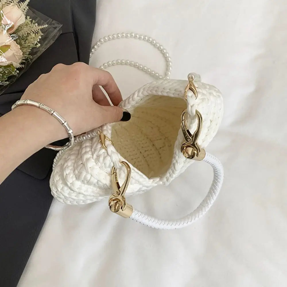 Sweet Korean Style Conch Knitted Bag Shell Woven Weave Crochet Tote Bag Handbag Solid Color Pearls Chain Crossbody Bag Seaside