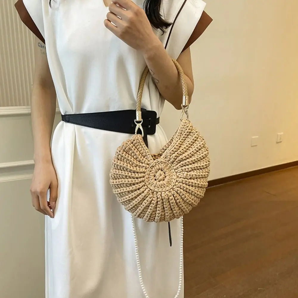 Sweet Korean Style Conch Knitted Bag Shell Woven Weave Crochet Tote Bag Handbag Solid Color Pearls Chain Crossbody Bag Seaside