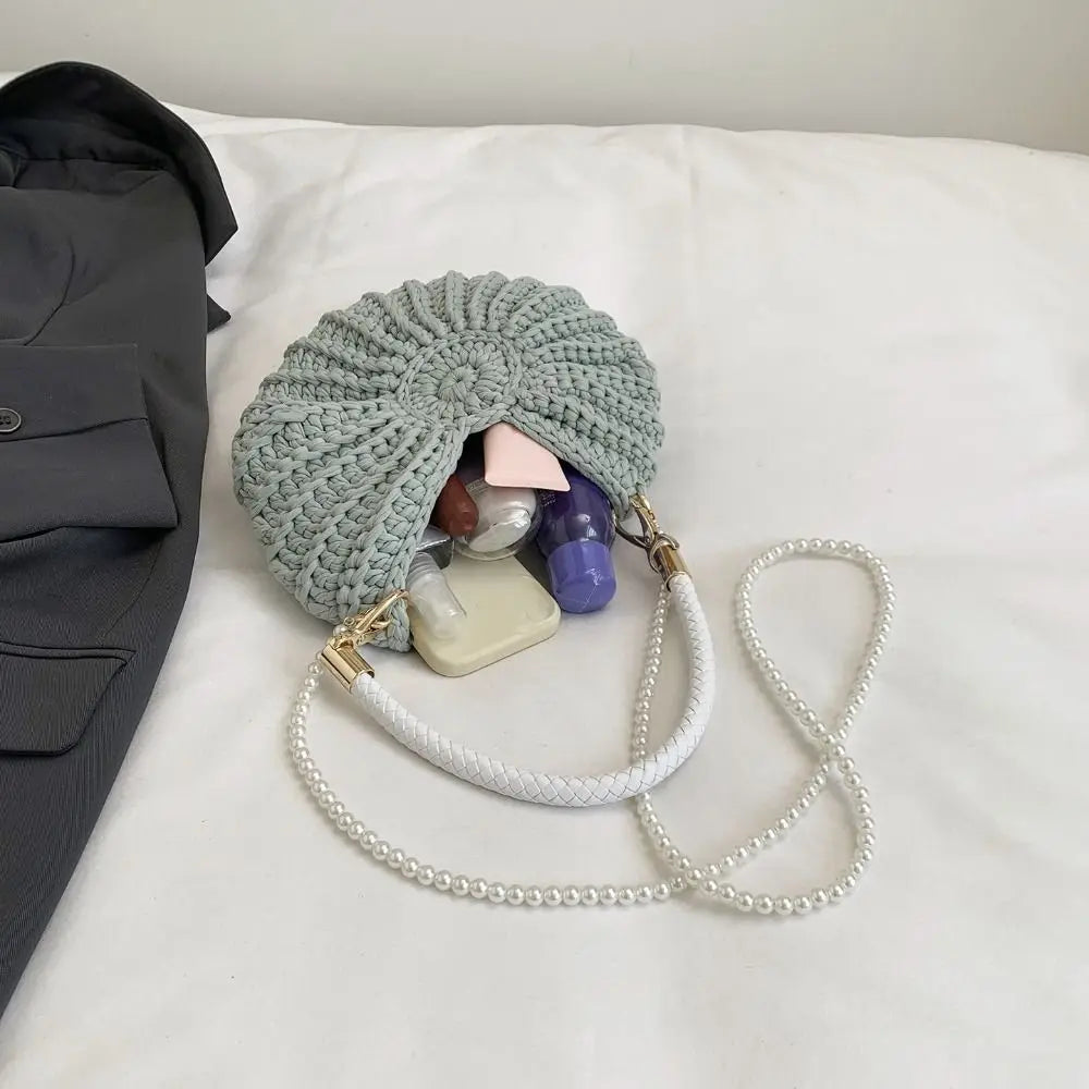 Sweet Korean Style Conch Knitted Bag Shell Woven Weave Crochet Tote Bag Handbag Solid Color Pearls Chain Crossbody Bag Seaside