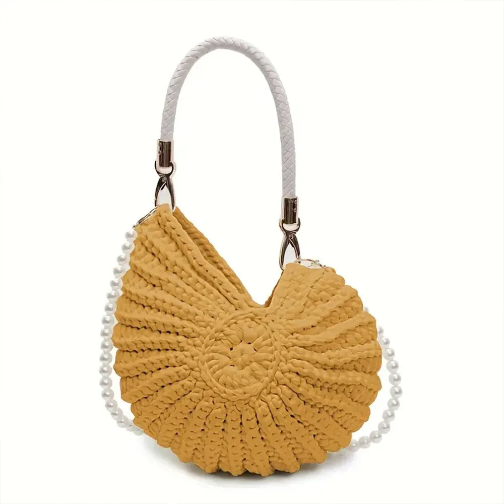 Sweet Korean Style Conch Knitted Bag Shell Woven Weave Crochet Tote Bag Handbag Solid Color Pearls Chain Crossbody Bag Seaside