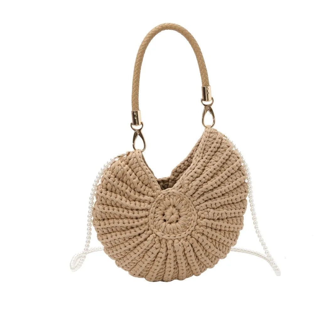 Sweet Korean Style Conch Knitted Bag Shell Woven Weave Crochet Tote Bag Handbag Solid Color Pearls Chain Crossbody Bag Seaside