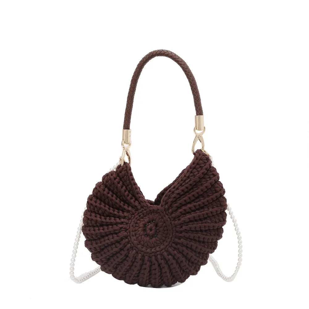 Sweet Korean Style Conch Knitted Bag Shell Woven Weave Crochet Tote Bag Handbag Solid Color Pearls Chain Crossbody Bag Seaside