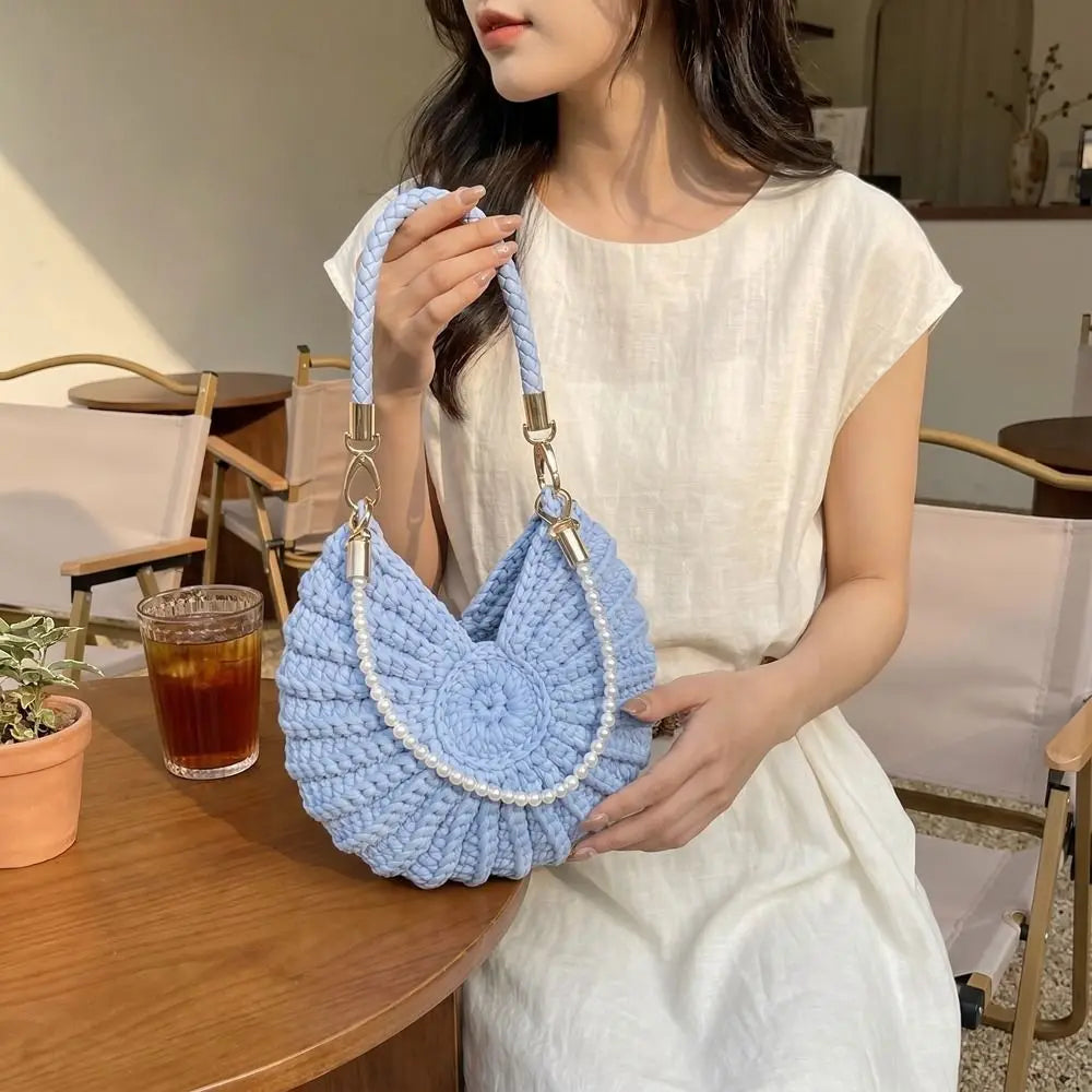 Sweet Korean Style Conch Knitted Bag Shell Woven Weave Crochet Tote Bag Handbag Solid Color Pearls Chain Crossbody Bag Seaside