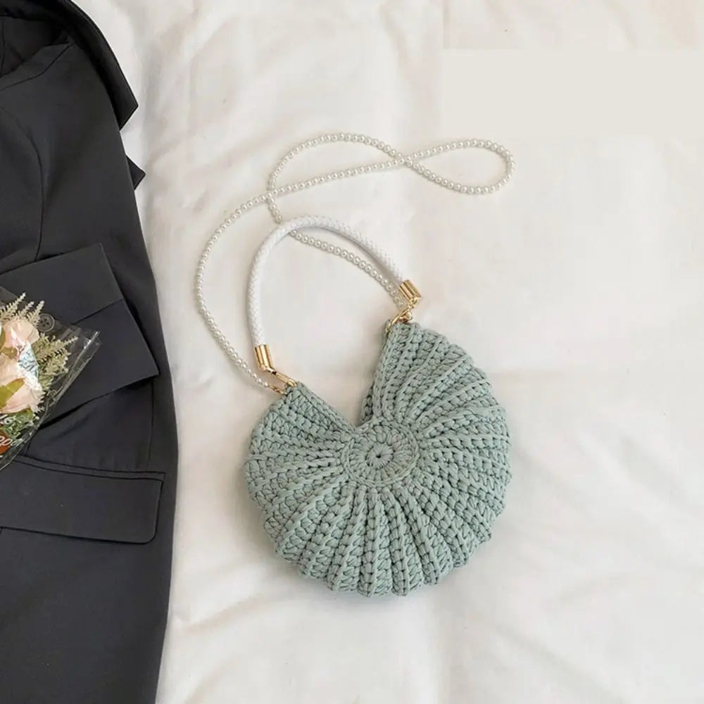Sweet Korean Style Conch Knitted Bag Shell Woven Weave Crochet Tote Bag Handbag Solid Color Pearls Chain Crossbody Bag Seaside