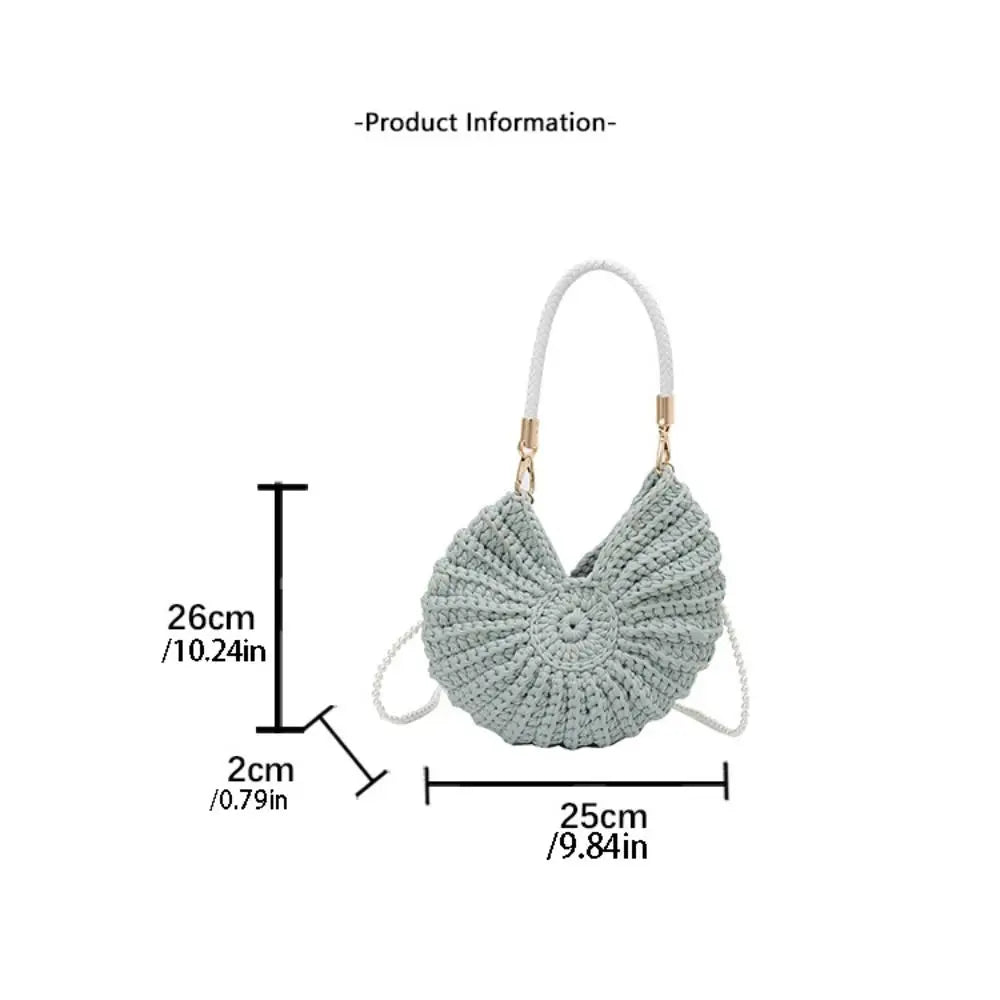 Sweet Korean Style Conch Knitted Bag Shell Woven Weave Crochet Tote Bag Handbag Solid Color Pearls Chain Crossbody Bag Seaside