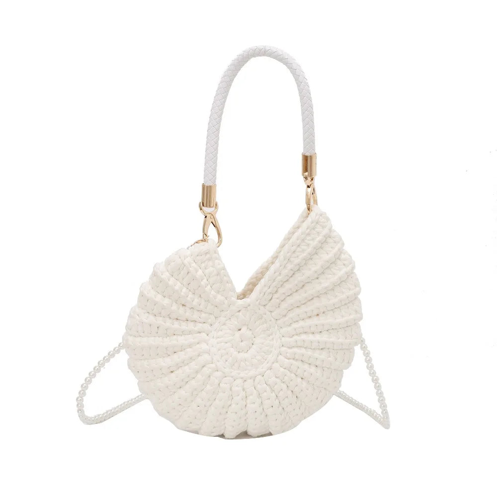 Sweet Korean Style Conch Knitted Bag Shell Woven Weave Crochet Tote Bag Handbag Solid Color Pearls Chain Crossbody Bag Seaside